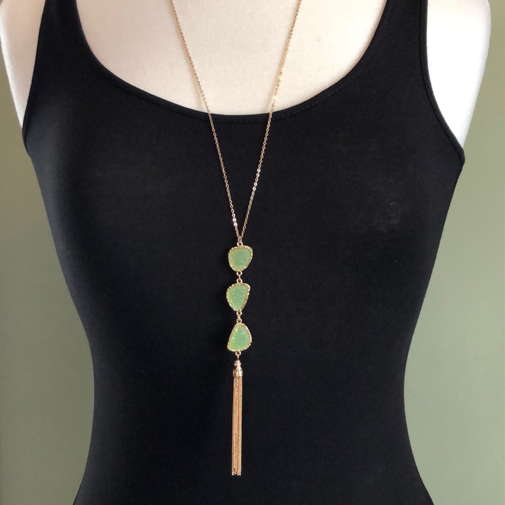 Green Hanging Rock and Tassel Necklace